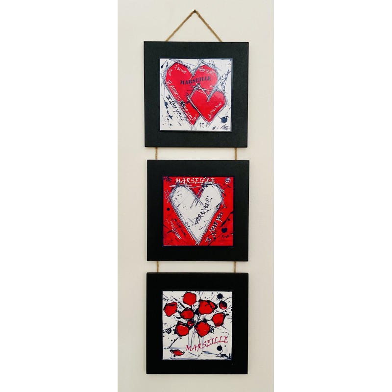 Tryptique "Cœur" – Ensemble de 3 cadres en bois noir, illustration artistique