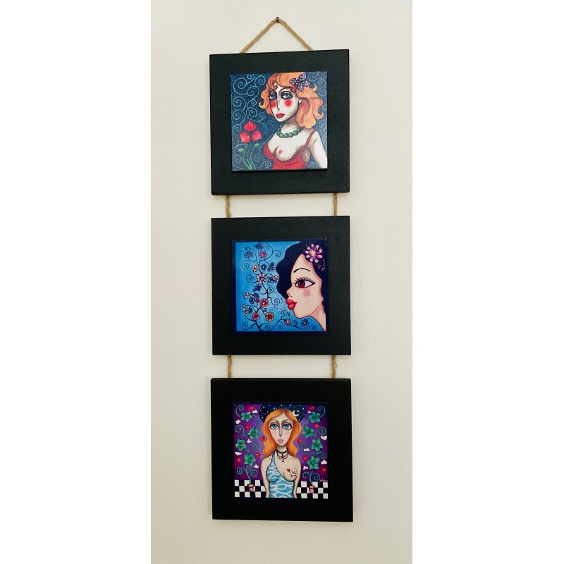 Tryptique "Femme" – Ensemble de 3 cadres en bois noir, illustration artistique