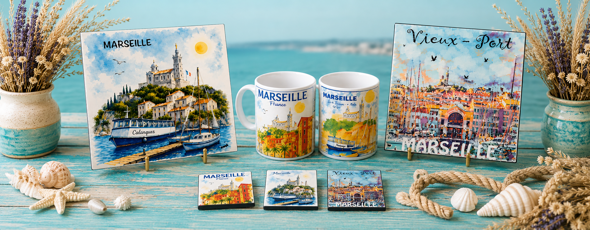 Dessous de plat, mugs et sous-verres artisanaux de Marseille réalisés à partir d’aquarelles